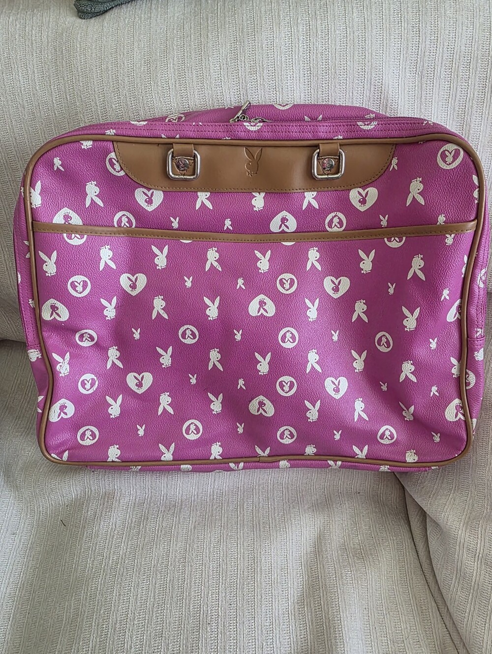 Playful Pink Patterned Tote Bag with Tan Trim